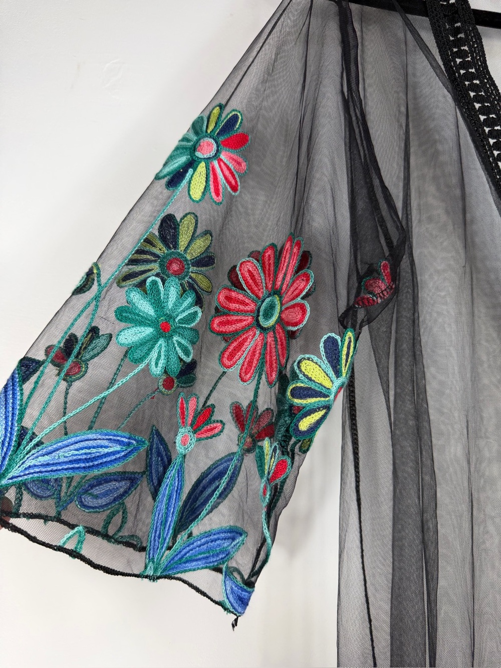 Boho Black Sheer Mesh Embroidered Floral Fringe Kimono Cover Up Duster OS - Picture 6 of 10